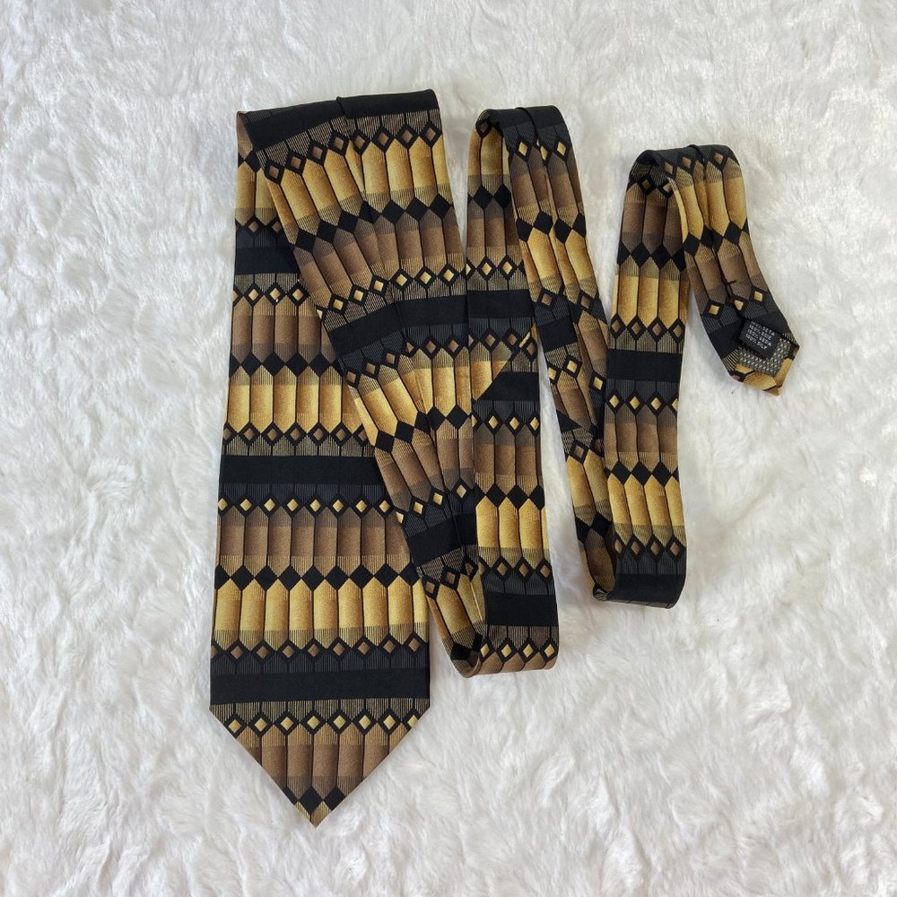 Croft & Barrow Silk Tie - Black Brown Gold Abstract Pattern Designer